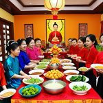 **

A vibrant Tết scene with families gathering to make offerings to Ông Công and Ông Táo (Kitchen Gods). Include traditional Vietnamese clothing (Áo dài), decorations, and food offerings. The atmosphere should convey warmth, family unity, and respect for ancestral traditions. Focus on bright colors and a sense of spiritual significance.

**
