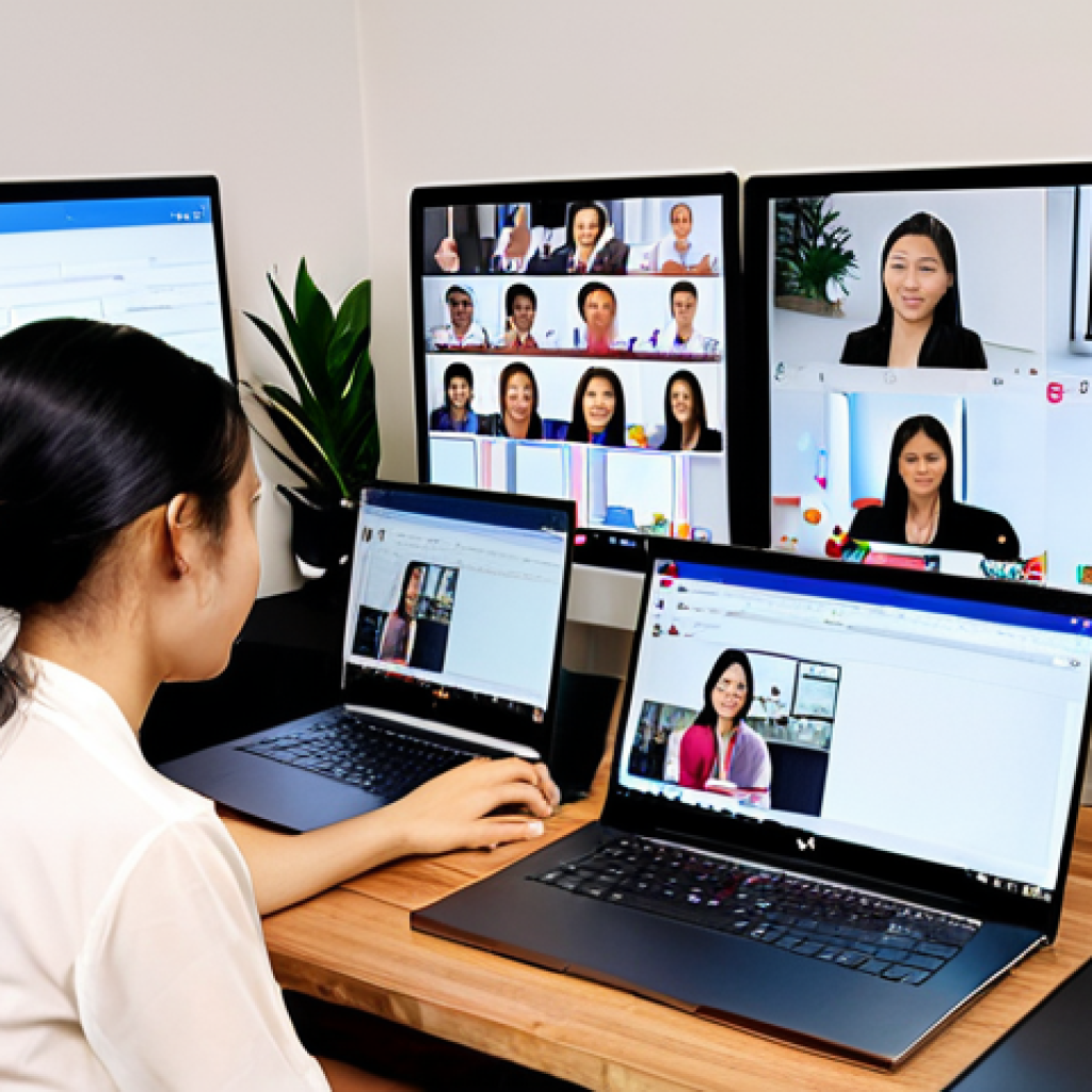 ** A vibrant, modern office space in Vietnam. Diverse team members collaborate using laptops displaying Slack and Trello interfaces. A video call on Zoom is in progress. The scene emphasizes teamwork, remote work, and digital communication.

**