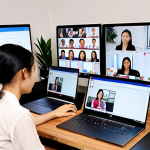 ** A vibrant, modern office space in Vietnam. Diverse team members collaborate using laptops displaying Slack and Trello interfaces. A video call on Zoom is in progress. The scene emphasizes teamwork, remote work, and digital communication.

**