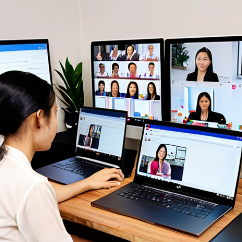 ** A vibrant, modern office space in Vietnam. Diverse team members collaborate using laptops displaying Slack and Trello interfaces. A video call on Zoom is in progress. The scene emphasizes teamwork, remote work, and digital communication.

**