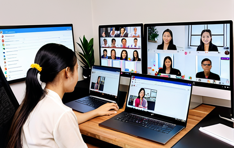 ** A vibrant, modern office space in Vietnam. Diverse team members collaborate using laptops displaying Slack and Trello interfaces. A video call on Zoom is in progress. The scene emphasizes teamwork, remote work, and digital communication.
**