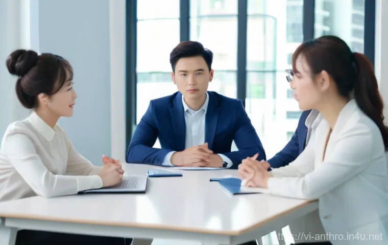 문화적 차이와 갈등 - A professional, diverse group of individuals in a well-lit, modern meeting room. Two main subjects a...