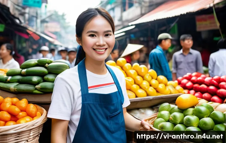 기술 발전과 문화적 영향 - **Prompt:** A vibrant, bustling traditional Vietnamese market scene, reminiscent of a lively morning...