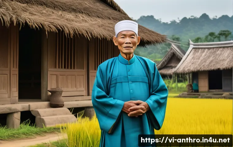 문화와 권력 - A traditional Vietnamese rural village scene depicting a respected village elder dressed in modest t...