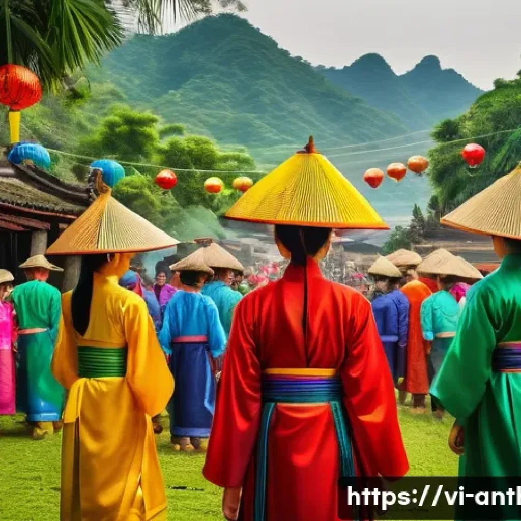 문화 인류학과 정치학 - A vibrant traditional Vietnamese village festival scene, featuring diverse community members dressed...