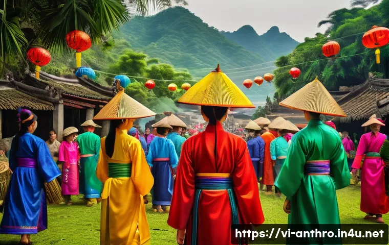 문화 인류학과 정치학 - A vibrant traditional Vietnamese village festival scene, featuring diverse community members dressed...