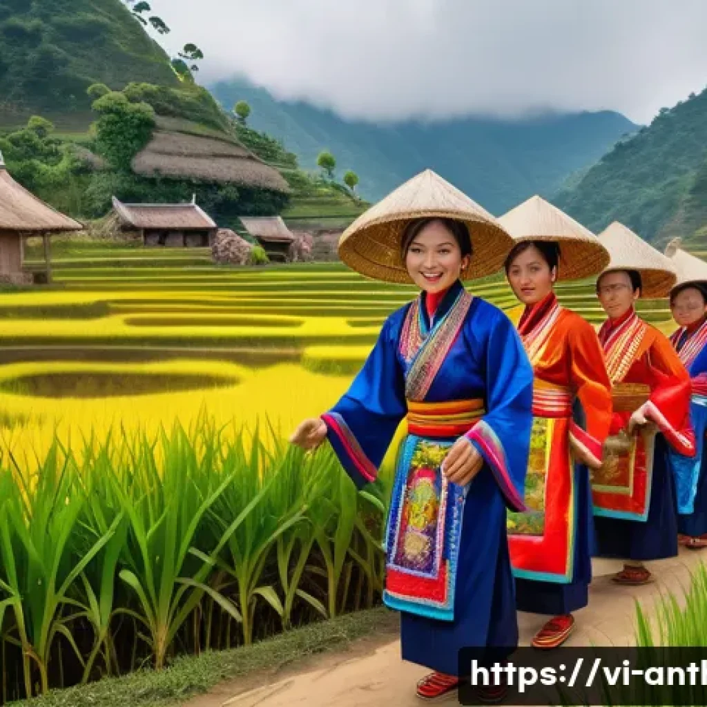 인류학적 필수 과목 - A vibrant Vietnamese ethnic minority festival scene in a lush mountain village, showcasing people dr...