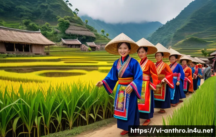 인류학적 필수 과목 - A vibrant Vietnamese ethnic minority festival scene in a lush mountain village, showcasing people dr...