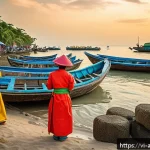 문화인류학과 생물학 - A vibrant Vietnamese coastal village scene during a traditional seafood festival, featuring people o...