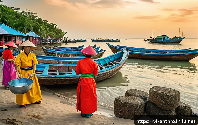 문화인류학과 생물학 - A vibrant Vietnamese coastal village scene during a traditional seafood festival, featuring people o...