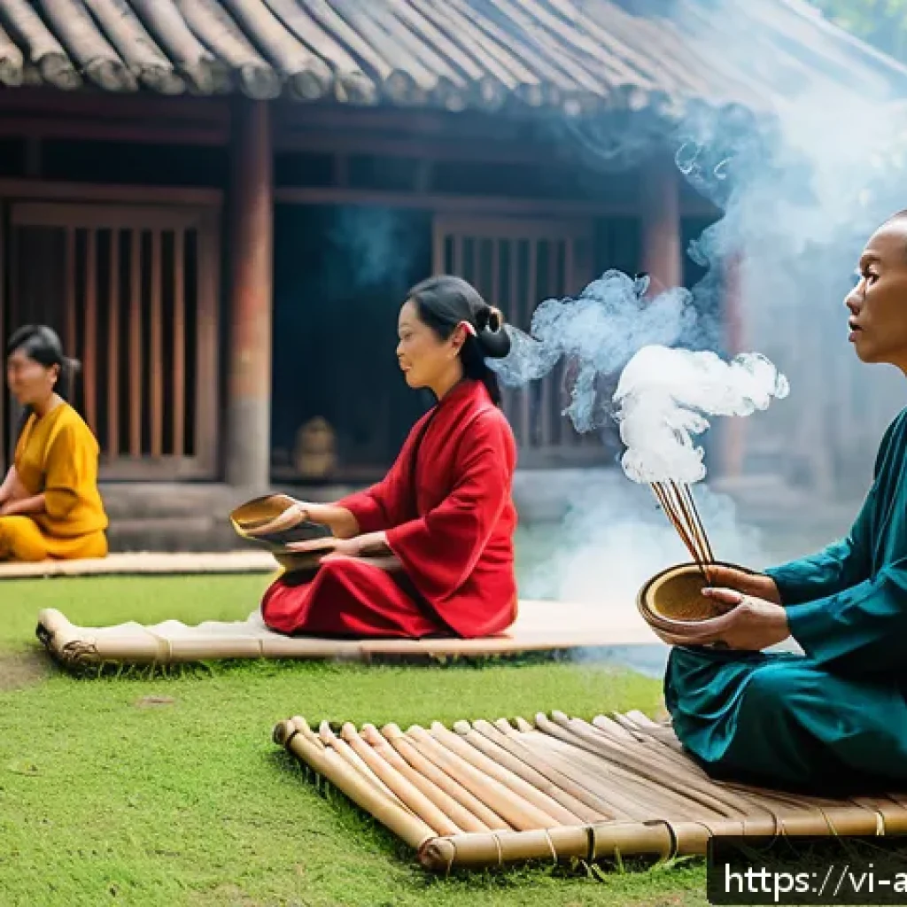 문화와 건강 - A serene Vietnamese countryside temple scene during traditional folk meditation practice, featuring ...