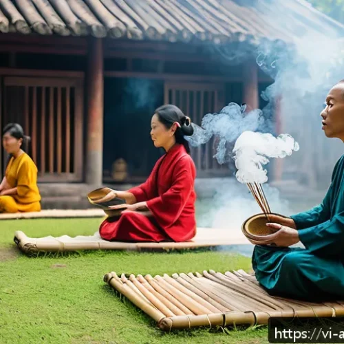 문화와 건강 - A serene Vietnamese countryside temple scene during traditional folk meditation practice, featuring ...