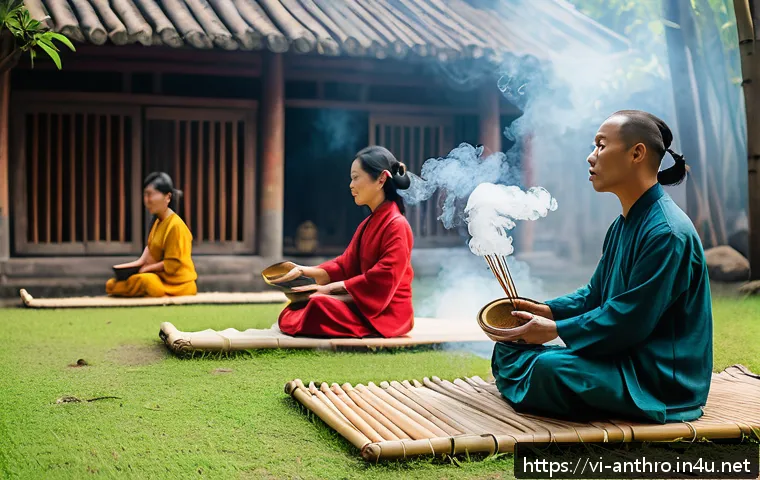 문화와 건강 - A serene Vietnamese countryside temple scene during traditional folk meditation practice, featuring ...