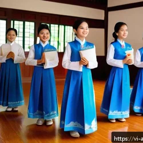 문화 교육론 - A vibrant Vietnamese classroom scene where diverse students aged around 15, all wearing traditional ...