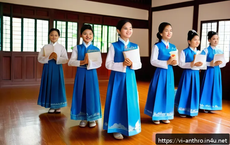 문화 교육론 - A vibrant Vietnamese classroom scene where diverse students aged around 15, all wearing traditional ...