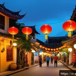 문화의 경제적 자원 - A vibrant street scene in Hội An, Vietnam, showcasing traditional lanterns glowing warmly at dusk, l...