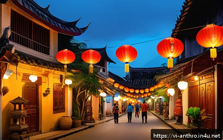 문화의 경제적 자원 - A vibrant street scene in Hội An, Vietnam, showcasing traditional lanterns glowing warmly at dusk, l...