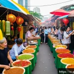 문화적 다양성과 조화 - A vibrant multicultural food festival scene in Ho Chi Minh City, featuring colorful market stalls fr...