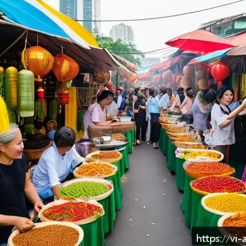문화적 다양성과 조화 - A vibrant multicultural food festival scene in Ho Chi Minh City, featuring colorful market stalls fr...