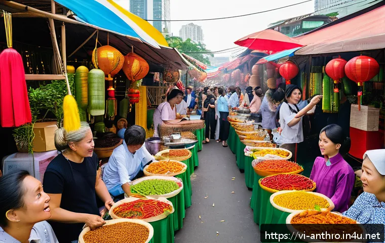 문화적 다양성과 조화 - A vibrant multicultural food festival scene in Ho Chi Minh City, featuring colorful market stalls fr...