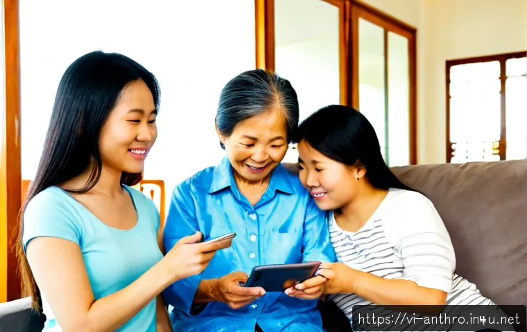 Home 17 인터넷과 문화적 변화 - Photorealistic scene of a Vietnamese multi-generational family in a bright Hanoi living room, grandm...