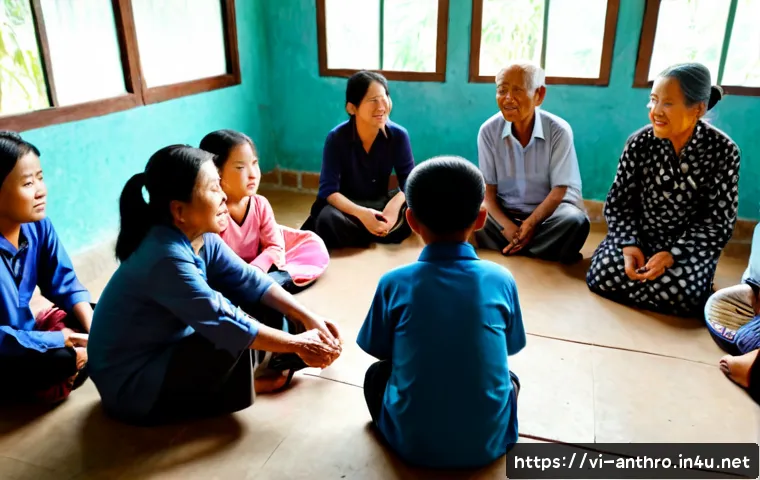 Home 17 문화인류학의 사회적 역할 - Photorealistic documentary scene in a Vietnamese rural community hall, a cultural anthropologist lis...
